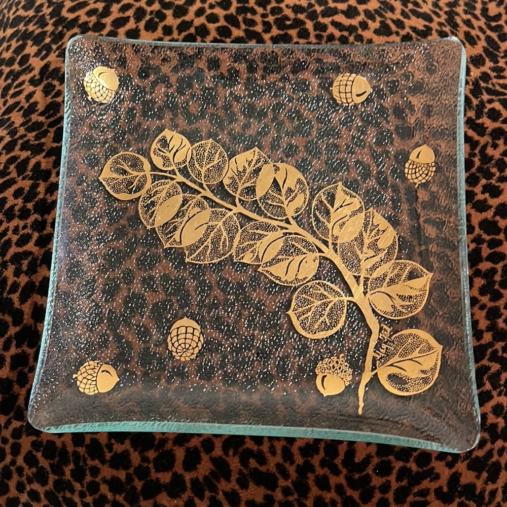 Gay Fad 5 7/8" Glass Trays Gold Embossed Serving Dish Bar Ware Oak Leaf Acorn